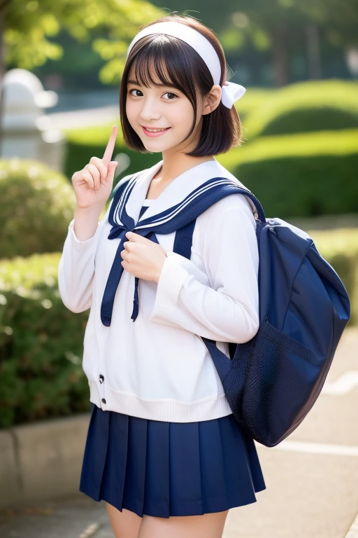 (masterpiece,highest quality,超A high resolution),Japanese High School Girl,Cute smile,Making a peace sign, Ubu no Girl、((Bob Hair,hair band)).Cute Sailor Uniform、Short-sleeved sailor uniform、Navy Blue Skirt、pure white、Beautiful Skin、Watery eyes、Sparkling brown hair、The colors and landscapes of youth、huge 、A shy smile、go to school、morning,(((Carry a school bag)))