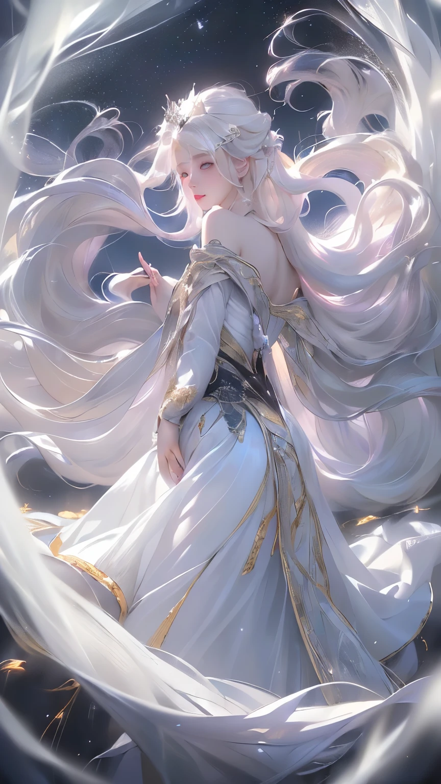 (((From the knee up)), Night view, Stella, (((masterpiece:1.5, detailed:1.4)),, A girl sitting, viewed from above、Backlight, A fantastic atmosphere envelopes the ancient city as the sun sets。At the center of this magical moment is a woman、(White Hair Girl:1.5)and、Her glorious hair、(Backlight)A waterfall of sparkling white threads flows down below.。It exudes a mysterious charm、Suspended particles bloom in the surrounding air、Her beautiful、(Beautiful white and shining skin:1.3)Casts a mysterious glow on。the((A dress as black as the night sky))It is beautiful and decorated、The exposed shoulders give it a feminine look.