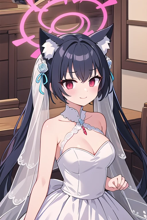 serika_bluearchive,cat ears,looking at viewer, little smile, wedding dress, wedding ceremony, slim, dizzy, big-chest, wide hips, perfect waist, day atmosphere, hair ornament, standing, upper body,