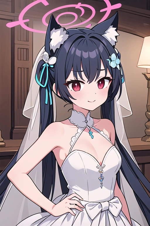 serika_bluearchive,cat ears,looking at viewer, little smile, wedding dress, wedding ceremony, slim, dizzy, big-chest, wide hips, perfect waist, day atmosphere, hair ornament, standing, upper body,