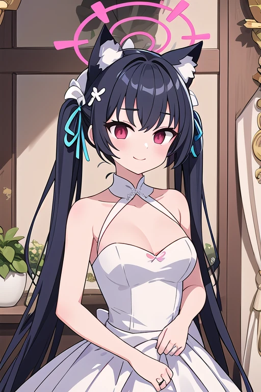 serika_bluearchive,cat ears,looking at viewer, little smile, wedding dress, wedding ceremony, slim, dizzy, big-chest, wide hips, perfect waist, day atmosphere, hair ornament, standing, upper body,