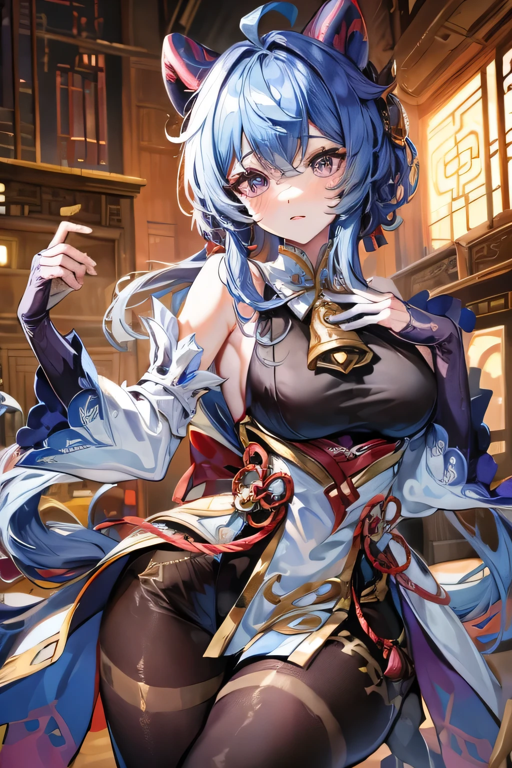 ((masterpiece、highest quality、Very detailed、Extremely detailed:1.5))Hired\(Genshin Impact\), One girl, Ahoge, architecture, bangs, Exposing shoulders, Bell, black Glovess, black tights, ((Blue Hair), blush, chest, Chinese knot, sleeve, East Asian architecture, Flower knot, Gloves, Horn, Long Hair, Looking at the audience, chest wall, neckBell, night, Outdoor, pantyhose, Purple eyes, Sideburns, alone, Tassel, white sleeves,80 denier tights
