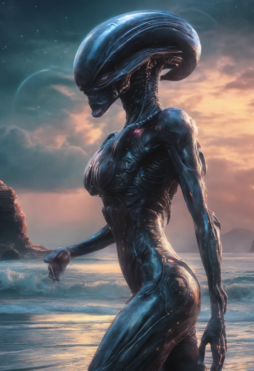 ((masterpiece)), ((best quality)), ((high resolution)), ((Fine details)),1 girl, Shown in_e7, Large breasts, swimsuit, Practical, beach, wet, ocean, navel, Sky, clavicle