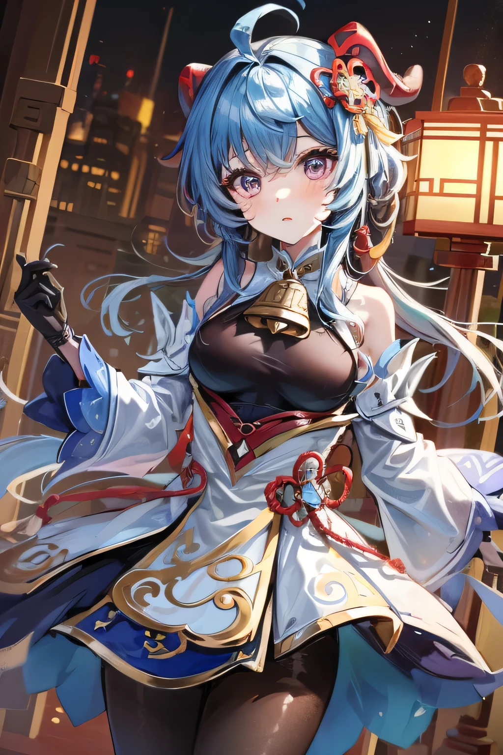 ((masterpiece、highest quality、Very detailed、Extremely detailed:1.5))Hired\(Genshin Impact\), One girl, Ahoge, architecture, bangs, Exposing shoulders, Bell, black Glovess, black tights, ((Blue Hair), blush, chest, Chinese knot, sleeve, East Asian architecture, Flower knot, Gloves, Horn, Long Hair, Looking at the audience, chest wall, neckBell, night, Outdoor, pantyhose, Purple eyes, Sideburns, alone, Tassel, white sleeves,80 denier tights
