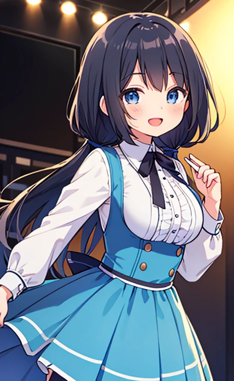 (masterpiece:1.4、top-quality、illustration:1.4,realistic、)、(character focus、breast focus,cowboy shot:1.3)、(1girl),(Open mouth happy smile:1.3),(half closed eyes),cute face,blue eyes、()、
,(stand:1.4),(Shining smile),
,(slender),(idol clothes:1.3),(black middle hair:1.6,),(hair ribbon1.3), (medium breasts:1.3)、stage
、slender、