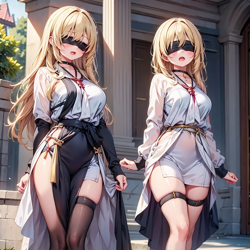 highest quality,wonderful,finely,extremely detailed CG Unity 8K wallpaper, (Stand in line:1.2), (3 girls, blonde, clothed), (midium breasts), (open mouth:1.1), (long tongue:1.1), (mouth drool:1.1), (black stockings:1.1),(Thighs:1.2),(Waistline:1.2),(black blindfold, blindfold:1.5)