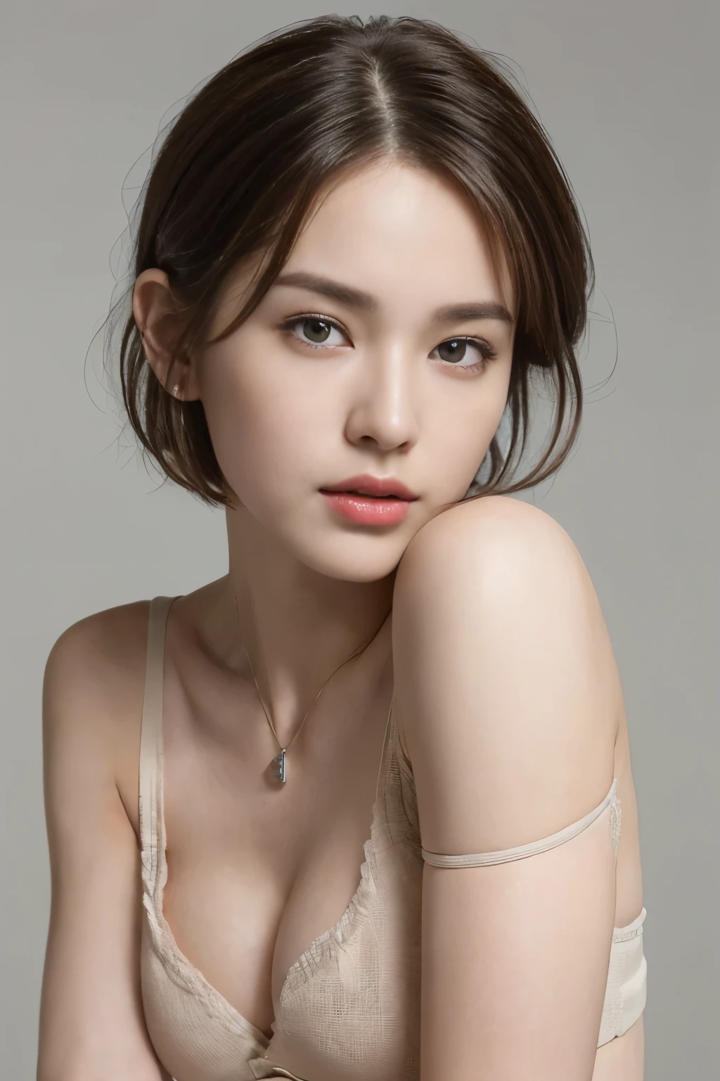 ((top-quality、8K、masterpiece: 1.erfect Body Beauty: 1.4、Slender Abs: 1.2、Beautiful woman with slender abs:1.3、(Highlight Haircutreast B Cup:1.2), medium breast, round shape breast, perfect shape breast, (nurse) necklace, hyperdetailed face、18year old、 Pretty women、(Dark brown short-cut hair), Slim Face、Highly detailed facial and skin texture、very detailed lips、opens legs、top-quality、masterpiece、超A high resolution、(Photorealsitic:1.4),(()), As she confidently posing for camera, , studio light, gray background, full body