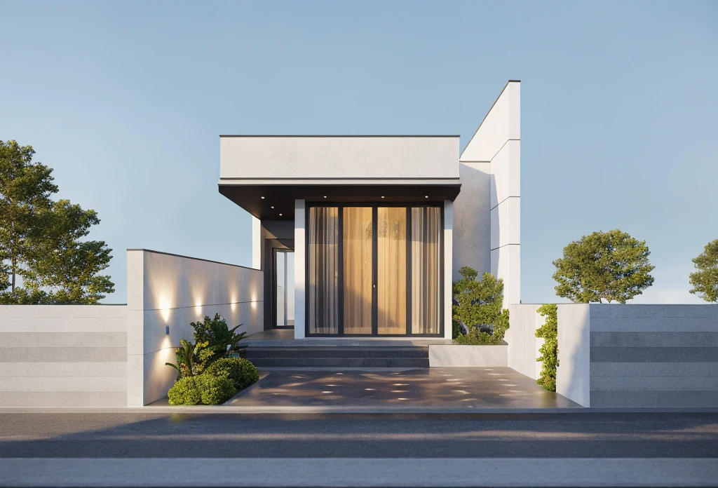 PLATFORM KTHOUSE, 1 morden villa, main material of villa about build color wall:1.2 glass panel:1.1 and stone:1.2, 1large yard, 1 road runs in front of the house, (RAW photo, real, best quality, masterpiece:1.2), look morden minimalist, 1 road in front of the house, dynamic lighting:1.3, (hyper realistic, photo-realistic:1.2), high quality, (dark lighting:1.2), perfect lighting, archdaily, no human