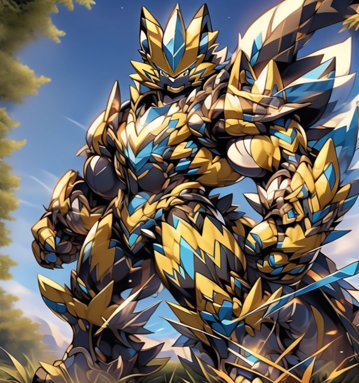 Zeraora's giant robot.
(masterpiece, best quality, detailed:1.2)
(Pokémon)
Powered exoskeleton with the same design as Zeraora
big muscle,
GIANT,
pecs, triceps, traps, waist narrow.
with huge golden laser sword,
body full of huge muscles.
also have a black cloak on my back.
The black cloak is so long that it touches the ground,
showing off muscles,
mechs,
Correct limbs,
detailed full body,
Very muscular,
Large pecs,
Heavyweight,
big bump,
sparkling skin,
Vibrant colors, 4K,
Furry Heroes,
Main is yellow COLOR