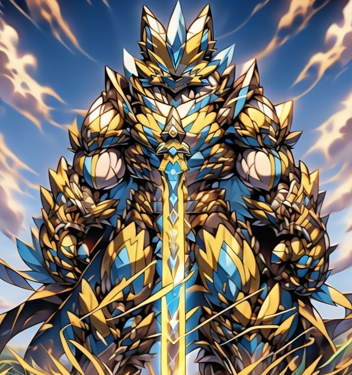 Zeraora's giant robot.
(masterpiece, best quality, detailed:1.2)
(Pokémon)
Powered exoskeleton with the same design as Zeraora
big muscle,
GIANT,
pecs, triceps, traps, waist narrow.
with huge golden laser sword,
body full of huge muscles.
also have a black cloak on my back.
The black cloak is so long that it touches the ground,
showing off muscles,
mechs,
Correct limbs,
detailed full body,
Very muscular,
Large pecs,
Heavyweight,
big bump,
sparkling skin,
Vibrant colors, 4K,
Furry Heroes,
Main is yellow COLOR