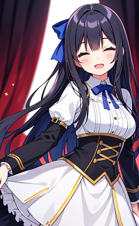 (masterpiece:1.4、top-quality、illustration:1.4,realistic、)、(character focus、breast focus,cowboy shot:1.3)、(1girl),(Open mouth happy smile:1.3),(half closed eyes),cute face,blue eyes、()、
,(stand:1.4),(Shining smile),
,(slender),(idol clothes:1.3),(black middle hair:1.6,),(hair ribbon1.3), (medium breasts:1.3)、stage
、slender、