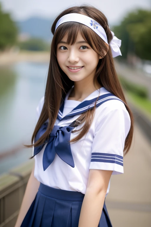 (masterpiece,highest quality,超A high resolution),Japanese High School Girl,Cute smile,Making a peace sign, Ubu no Girl、((Long Hair,hair band)).Cute Sailor Uniform、Short-sleeved sailor uniform、Navy Blue Skirt、pure white、Beautiful Skin、Watery eyes、Sparkling brown hair、The colors and landscapes of youth、huge 、A shy smile、go to school、morning,