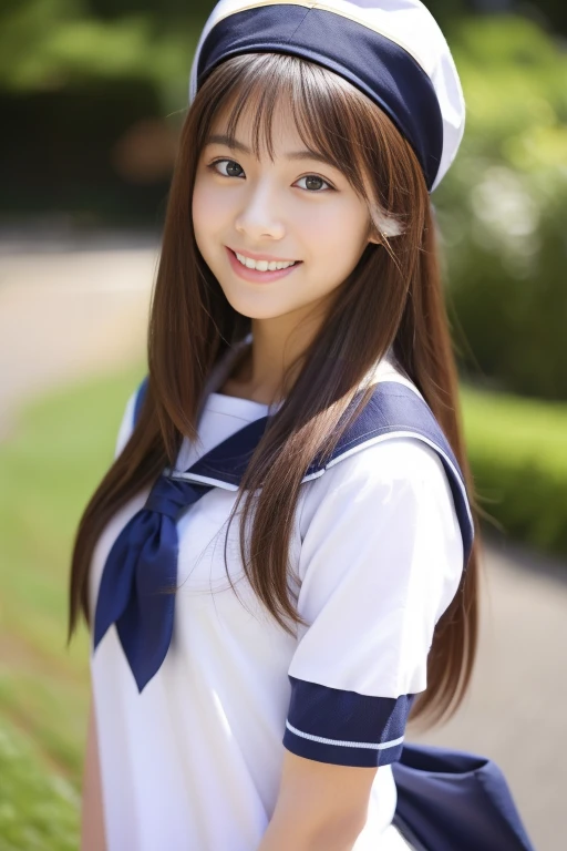 (masterpiece,highest quality,超A high resolution),Japanese High School Girl,Cute smile,Making a peace sign, Ubu no Girl、((Long Hair,hair band)).Cute Sailor Uniform、Short-sleeved sailor uniform、Navy Blue Skirt、pure white、Beautiful Skin、Watery eyes、Sparkling brown hair、The colors and landscapes of youth、huge 、A shy smile、go to school、morning,