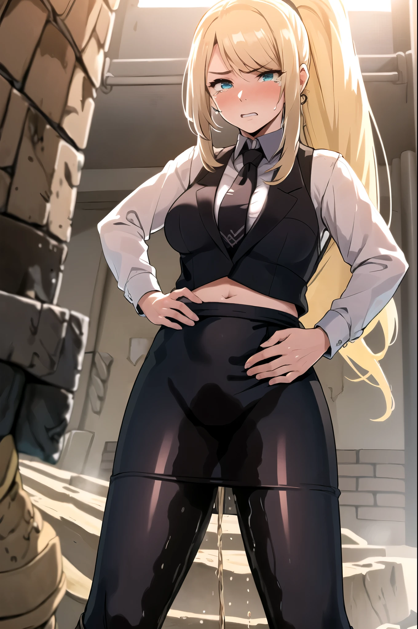 samus aran, facing viewer, ponytail, ?????????????, hair tie, black business outfit, necktie, pencil skirt, (long pencil skirt:1.5), (standing straight1.5), peeing herself, (wetting herself:1.5), very large peeing stain, huge ??? stain, best quality, ultra-detailed, HDR, studio lighting, professional, vivid colors, sharp focus, physiologically-based rendering, bokeh, landscape, soft lighting, dynamic shadows, (hands on ????:2.0), embarrassed, humiliation, blushing, angry, tears, (desert:1.5), (sand:1.5), rocks, (canyon:1.5), (day:1.5), (daytime:1.5)