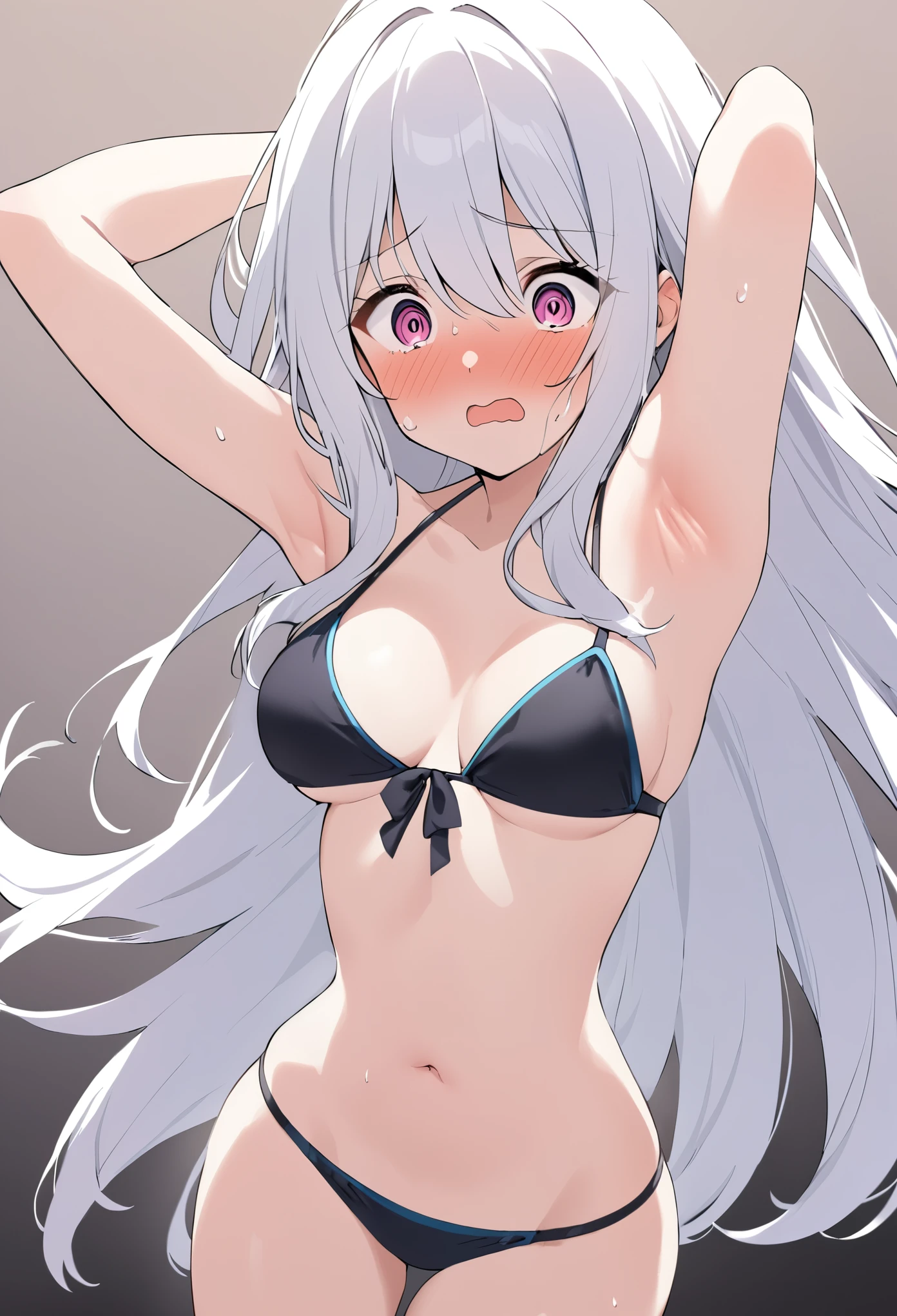 white long hair girl, medium breasts, wearing bikini, scared, armpits, blushing, cowboy shot