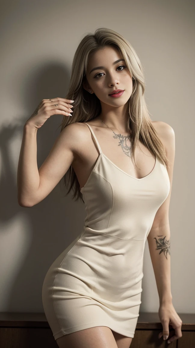 29 years old, gorgeous cute Spanish girl, Smile, freckles, white bright ambience , (medium beige long hair:1.4), a woman with tattoos on her shoulder and a gray dress, of european girl with tattoos, aeon flux style, with tattoos, gothic tattoos, inked, sexy look, famous beautiful onlyfans model, sexy seductive girl, (masterpiece:1.0), (best_quality:1.0), ultra high res,4K,ultra-detailed, photography, 8K
