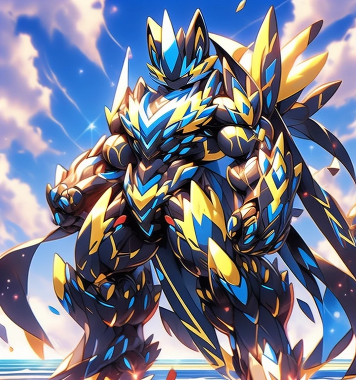 Zeraora's giant robot.
(masterpiece, best quality, detailed:1.2)
(Pokémon)
Powered exoskeleton with the same design as Zeraora
big muscle,
GIANT,
pecs, triceps, traps, waist narrow.
with huge golden laser sword,
body full of huge muscles.
also have a black cloak on my back.
The black cloak is so long that it touches the ground,
showing off muscles,
mechs,
Correct limbs,
detailed full body,
Very muscular,
Large pecs,
Heavyweight,
big bump,
sparkling skin,
Vibrant colors, 4K,
Furry Heroes,
Main is yellow COLOR