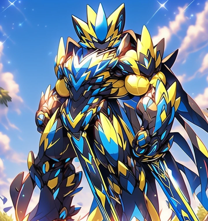 Zeraora's giant robot.
(masterpiece, best quality, detailed:1.2)
(Pokémon)
Powered exoskeleton with the same design as Zeraora
big muscle,
GIANT,
pecs, triceps, traps, waist narrow.
with huge golden laser sword,
body full of huge muscles.
also have a black cloak on my back.
The black cloak is so long that it touches the ground,
showing off muscles,
mechs,
Correct limbs,
detailed full body,
Very muscular,
Large pecs,
Heavyweight,
big bump,
sparkling skin,
Vibrant colors, 4K,
Furry Heroes,
Main is yellow COLOR
