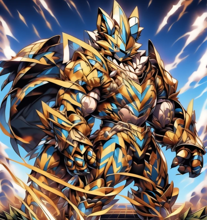 Zeraora's giant robot.
(masterpiece, best quality, detailed:1.2)
(Pokémon)
Powered exoskeleton with the same design as Zeraora
big muscle,
GIANT,
pecs, triceps, traps, waist narrow.
with huge golden laser sword,
body full of huge muscles.
also have a black cloak on my back.
The black cloak is so long that it touches the ground,
showing off muscles,
mechs,
Correct limbs,
detailed full body,
Very muscular,
Large pecs,
Heavyweight,
big bump,
sparkling skin,
Vibrant colors, 4K,
Furry Heroes,
Main is yellow COLOR