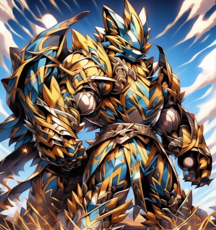 Zeraora's giant robot.
(masterpiece, best quality, detailed:1.2)
(Pokémon)
Powered exoskeleton with the same design as Zeraora
big muscle,
GIANT,
pecs, triceps, traps, waist narrow.
with huge golden laser sword,
body full of huge muscles.
also have a black cloak on my back.
The black cloak is so long that it touches the ground,
showing off muscles,
mechs,
Correct limbs,
detailed full body,
Very muscular,
Large pecs,
Heavyweight,
big bump,
sparkling skin,
Vibrant colors, 4K,
Furry Heroes,
Main is yellow COLOR