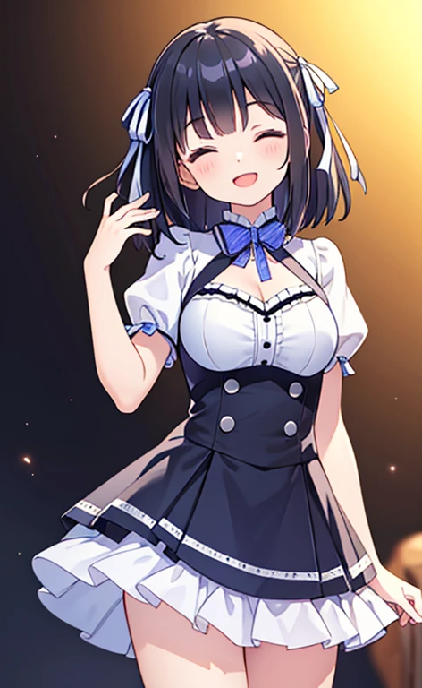 (masterpiece:1.4、top-quality、illustration:1.4,realistic、)、(character focus、breast focus,cowboy shot:1.3)、(1girl),(Open mouth happy smile:1.3),(half closed eyes),cute face,blue eyes、()、
,(stand:1.4),(Shining smile),
,(slender),(idol clothes:1.3),(black short hair hair:1.6,forehead:1.3),(hair ribbon1.3), (medium breasts:1.3)、stage
、slender、