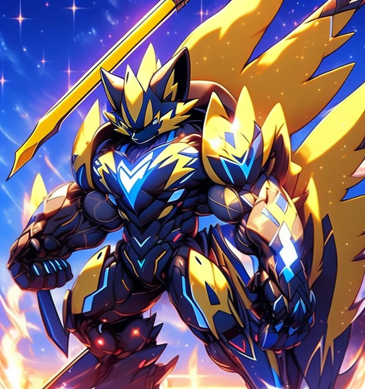 Zeraora's giant robot.
(masterpiece, best quality, detailed:1.2)
(Pokémon)
Powered exoskeleton with the same design as Zeraora
big muscle,
GIANT,
pecs, triceps, traps, waist narrow.
with huge golden laser sword,
body full of huge muscles.
also have a black cloak on my back.
The black cloak is so long that it touches the ground,
showing off muscles,
mechs,
Correct limbs,
detailed full body,
Very muscular,
Large pecs,
Heavyweight,
big bump,
sparkling skin,
Vibrant colors, 4K,
Furry Heroes,
Main is yellow COLOR