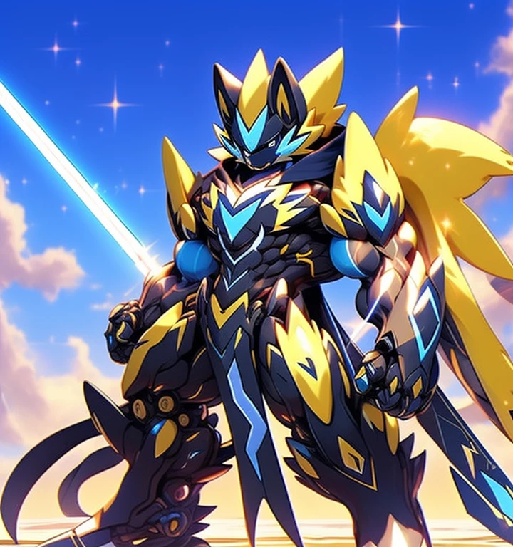 Zeraora's giant robot.
(masterpiece, best quality, detailed:1.2)
(Pokémon)
Powered exoskeleton with the same design as Zeraora
big muscle,
GIANT,
pecs, triceps, traps, waist narrow.
with huge golden laser sword,
body full of huge muscles.
also have a black cloak on my back.
The black cloak is so long that it touches the ground,
showing off muscles,
mechs,
Correct limbs,
detailed full body,
Very muscular,
Large pecs,
Heavyweight,
big bump,
sparkling skin,
Vibrant colors, 4K,
Furry Heroes,
Main is yellow COLOR