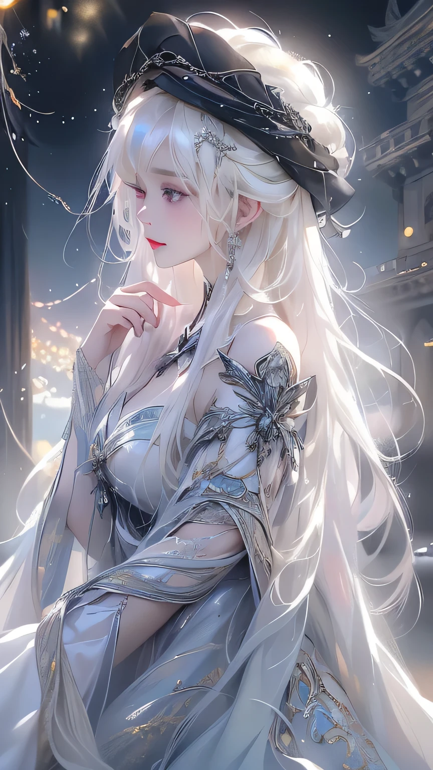 (((From the knee up)), Night view, Stella, (((masterpiece:1.5, detailed:1.4)),, A girl sitting, viewed from above、Backlight, A fantastic atmosphere envelopes the ancient city as the sun sets。At the center of this magical moment is a woman、(White Hair Girl:1.5)and、Her glorious hair、(Backlight)A waterfall of sparkling white threads flows down below.。It exudes a mysterious charm、Suspended particles bloom in the surrounding air、Her beautiful、（Beautiful white and shining skin:1.3）Casts a mysterious glow on。the((A dress as black as the night sky))It is beautiful and decorated、The exposed shoulders give it a feminine look.
