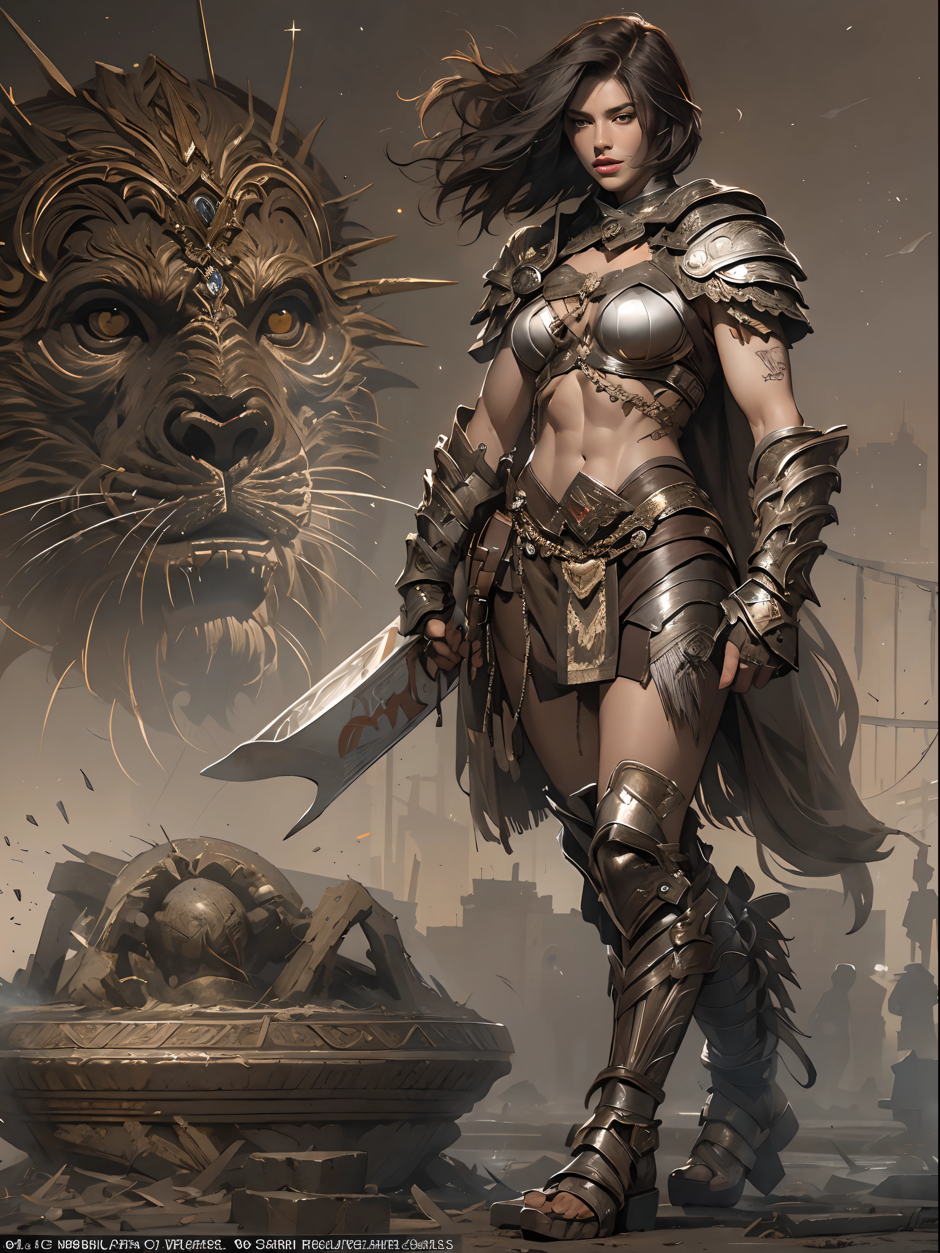 (((of the highest quality: 1.4))),(unparalleled masterpiece ever), (Ultra high definition),(Ultra realistic 8K CG), (((adult body))), (((1girl in))), ((( Bob Shorthair ))), Gladiators with perfect bodies,,Beautiful and well-groomed face,muscular body:1.4,Detailed breastplate, gauntlets、is standing, (Image from head to thigh),(( Dark Brown Bob Shorthair )),, Simon Bisley's urban savage style,Detailed ancient Roman background,Clean abs, Complex equipment, Dark brown with white stars and gray and white stripes,,,s Armor, Poison tattoo