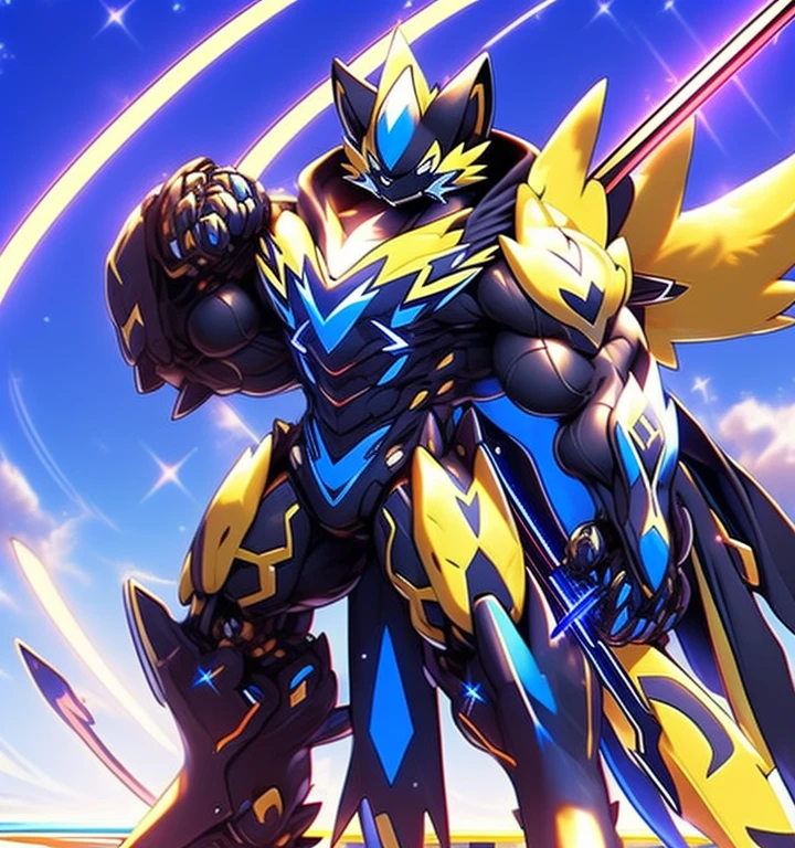 Zeraora's giant robot.
(masterpiece, best quality, detailed:1.2)
(Pokémon)
Powered exoskeleton with the same design as Zeraora
big muscle,
GIANT,
pecs, triceps, traps, waist narrow.
with huge golden laser sword,
body full of huge muscles.
also have a black cloak on my back.
The black cloak is so long that it touches the ground,
showing off muscles,
mechs,
Correct limbs,
detailed full body,
Very muscular,
Large pecs,
Heavyweight,
big bump,
sparkling skin,
Vibrant colors, 4K,
Furry Heroes,
Main is yellow COLOR