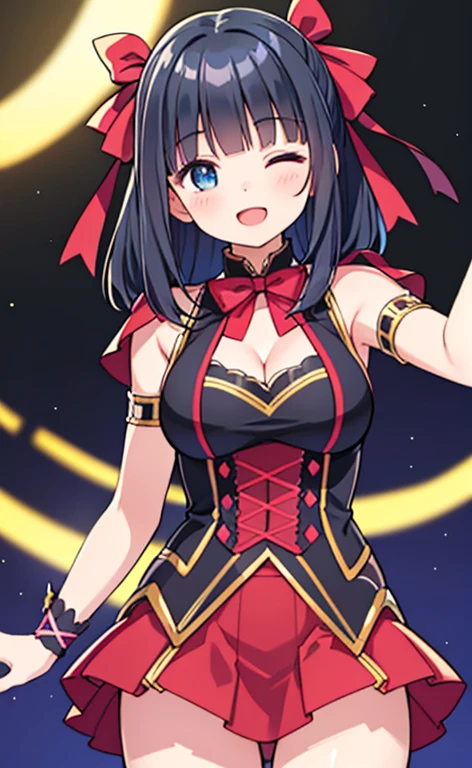 (masterpiece:1.4、top-quality、illustration:1.4,realistic、)、(character focus、breast focus,cowboy shot:1.3)、(1girl),(Open mouth happy smile:1.3),(half closed eyes),cute face,blue eyes、()、
,(stand:1.4),(Shining smile),
,(slender),(idol clothes:1.3),(black middle hair:1.6,blunt bangs,),(hair ribbon1.3), (medium breasts:1.3)、stage
、slender、