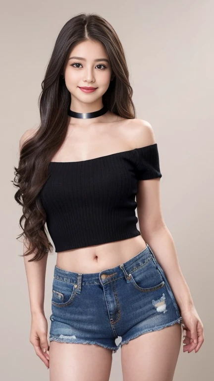 Middle Chest,Beautiful and beautiful eyes, (Long Hair:1.2), (8k, highest quality, masterpiece:1.2), (Realistic, Realistic:1.37), Very detailed, 1 girl, cute, alone, (blush), (smile: 1.15), (Mouth closed、shorts jeans、Black Off-Shoulder Knit、Belly button、Black Choker、Berry Shorts