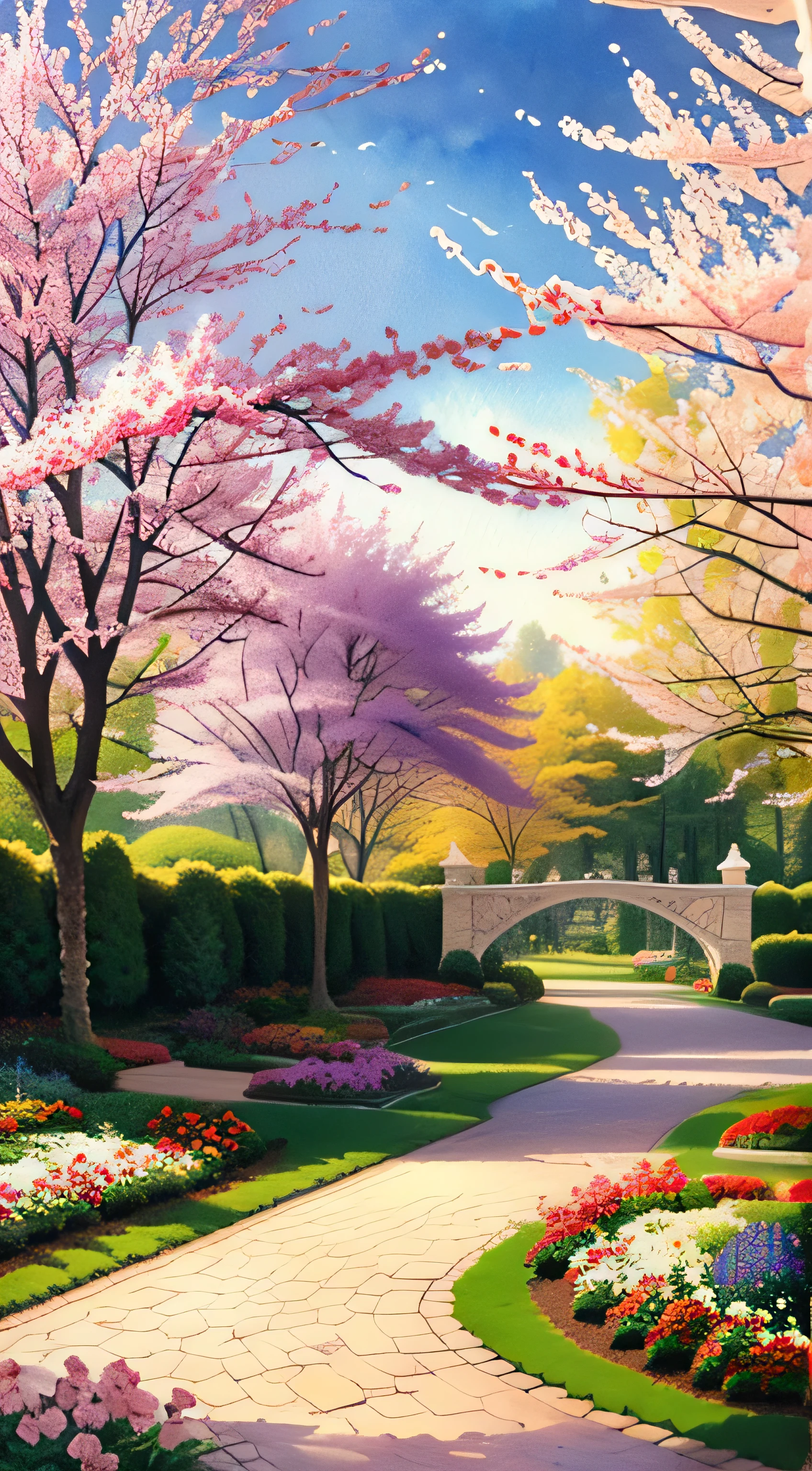 Beautiful Garden Painting. spring , A somber and meaningful scene in the style of Thomas Kinkade ,HD 4k , Seamless Texture, watercolor、cherry blossoms、