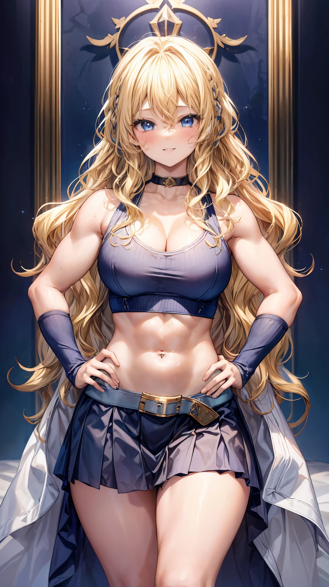 Very detailed、highest quality、Best image quality、masterpiece、8k、Anime Face、A kind smile、Open your mouth、Sparkling blue eyes、(Blonde wavy hair:1.5)、、Muscles of the whole body、Hands on hips、camisole、Thigh belt、mini skirt