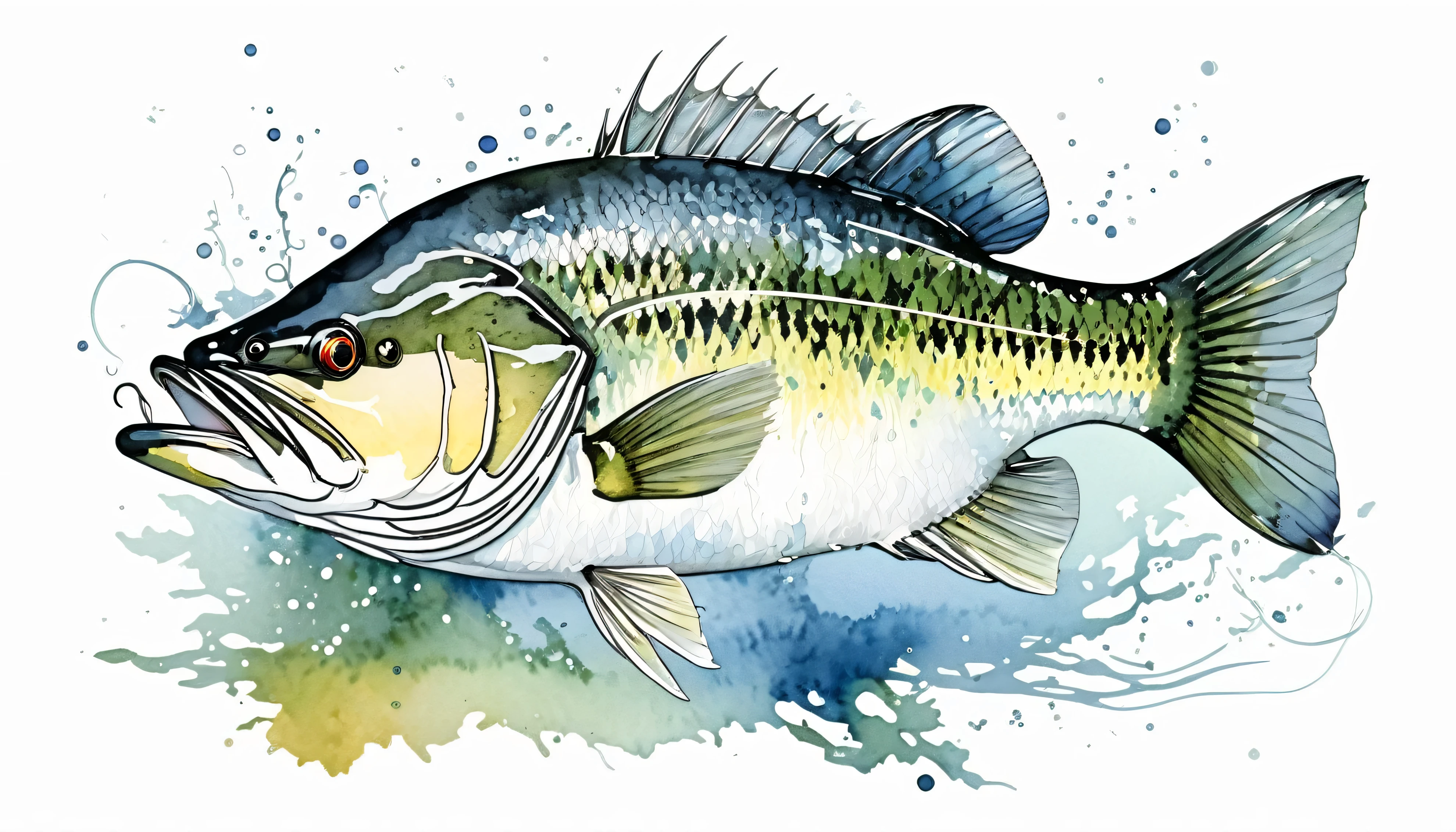 Lake、Black Bass Fishing、Lure fishing、Masterpiece、Omitted style,Line drawing sketch,Stylish cut, artistic,Scribble style,Clear, bold, thick outlines,,Rough coloring, watercolor painting,