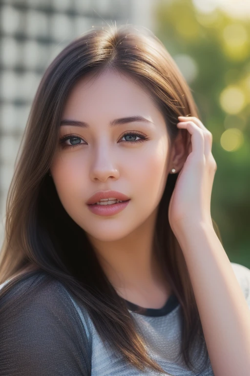 dressed, (photo realistic:1.4), (hyper realistic:1.4), (realistic:1.3),
(smoother lighting:1.05), (Improve the quality of cinematic lighting:0.9), 32k,
1 girl, 30 year old girl, realistic lighting, Backlight, light shines on your face, ray tracing, (bright light:1.2), (Improvement of quality:1.4),
(Highest quality realistic textured skin:1.4), detailed eyes, detailed face,
(Tired, sleepy and happy), (smile), close up of face, T-shirt,
(Enhance the mood of your body line:1.1), (Enhances the beauty of skin texture:1.1)