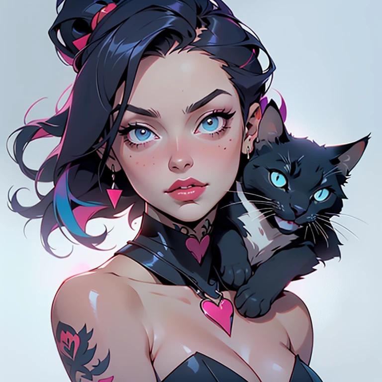 a woman with tattoos and a cat on her shoulder, rich moody colors, soft neon, anime trending artwork, stylized portrait h 640, 💋 💄 👠 👗, beautiful necromancer, 🎀 🧟 🍓 🧚, technicolour 1, 🎀 🪓 🧚, by William Conor, live colors