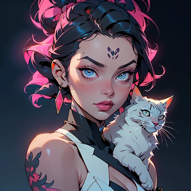 a woman with tattoos and a cat on her shoulder, rich moody colors, soft neon, anime trending artwork, stylized portrait h 640, 💋 💄 👠 👗, beautiful necromancer, 🎀 🧟 🍓 🧚, technicolour 1, 🎀 🪓 🧚, by William Conor, live colors