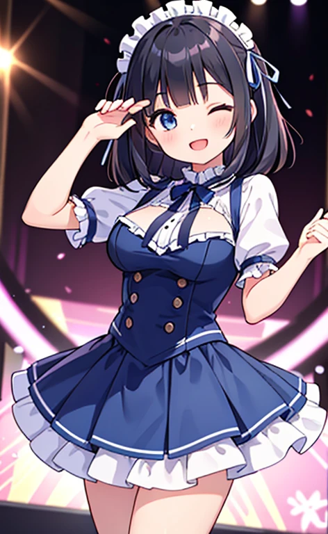 (masterpiece:1.4、top-quality、illustration:1.4,realistic、)、(character focus、breast focus,cowboy shot:1.3)、(1girl),(Open mouth happy smile:1.3),(half closed eyes),cute face,blue eyes、()、
,(stand:1.4),(Shining smile),
,(slender),(idol clothes:1.3),(black middle hair:1.6,blunt bangs,),(hair ribbon1.3), (medium breasts:1.3)、stage
、slender、