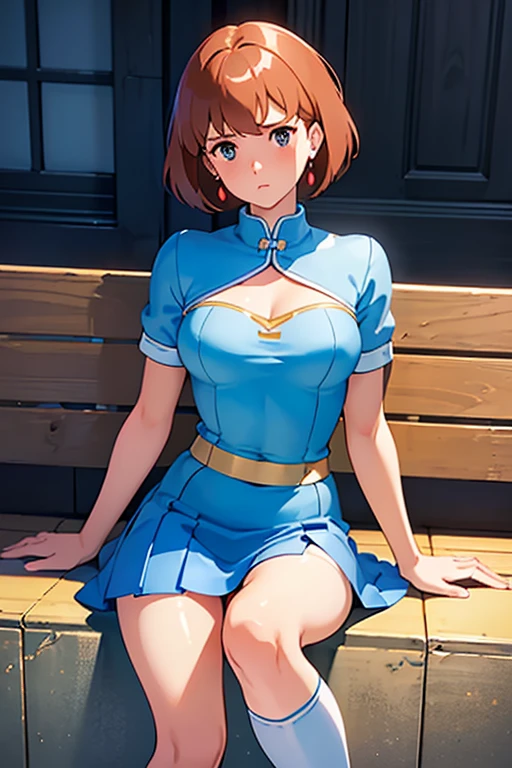 (masterpiece, highest quality, High resolution, 8k, Realistic), High School Girl Nausicaa, very cute, Sad expression, beautiful girl, Pure, Baby Face, blush, alone, Brown Hair, short hair, Red Gem Earrings, Puzzled, Secret Feelings, Moist eyes, (Looking at the audience), Cleavage, Beautiful breasts, (High School Girl Uniform, mini skirt,Knee-high socks), Perfect beauty, Slim body, Luxury hotel suites, (Perfectly detailed anatomy, Beautiful and elaborate face&eye:1.5, Shiny skin, Perfect body)、White underwear、I want to see the whole body