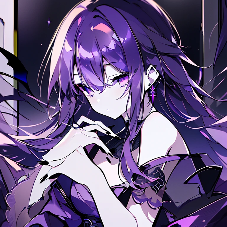 (High resolution,highest quality,masterpiece,wonderful)Purple Hair,Long Hair,Purple Eyes,Earrings,Sad expression,Prone to slouching,Look to the side,Rest your cheek on your hand,Night Cafe,Sitting Alone,The moon shines,Party Dresses,Looking at your smartphone,Sharp Eyes,Sad eyes,Black Nails