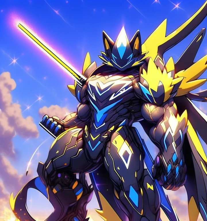 Zeraora's giant robot.
(masterpiece, best quality, detailed:1.2)
(Pokémon)
Powered exoskeleton with the same design as Zeraora
big muscle,
GIANT,
pecs, triceps, traps, waist narrow.
with huge golden laser sword,
body full of huge muscles.
also have a black cloak on my back.
The black cloak is so long that it touches the ground,
showing off muscles,
mechs,
Correct limbs,
detailed full body,
Very muscular,
Large pecs,
Heavyweight,
big bump,
sparkling skin,
Vibrant colors, 4K,
Furry Heroes,
Main is yellow COLOR