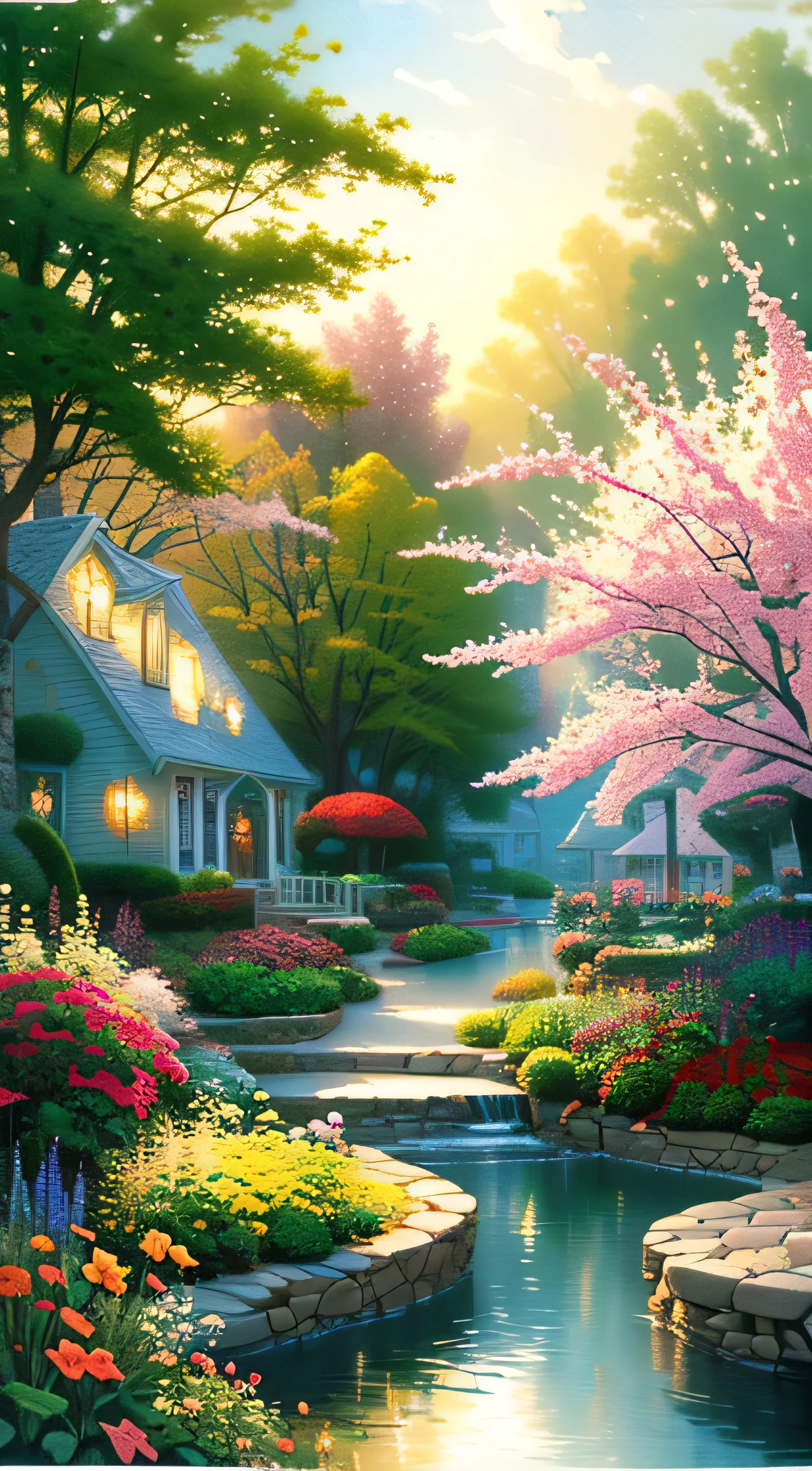 Beautiful Garden Painting. spring , A somber and meaningful scene in the style of Thomas Kinkade ,HD 4k , Seamless Texture, watercolor、