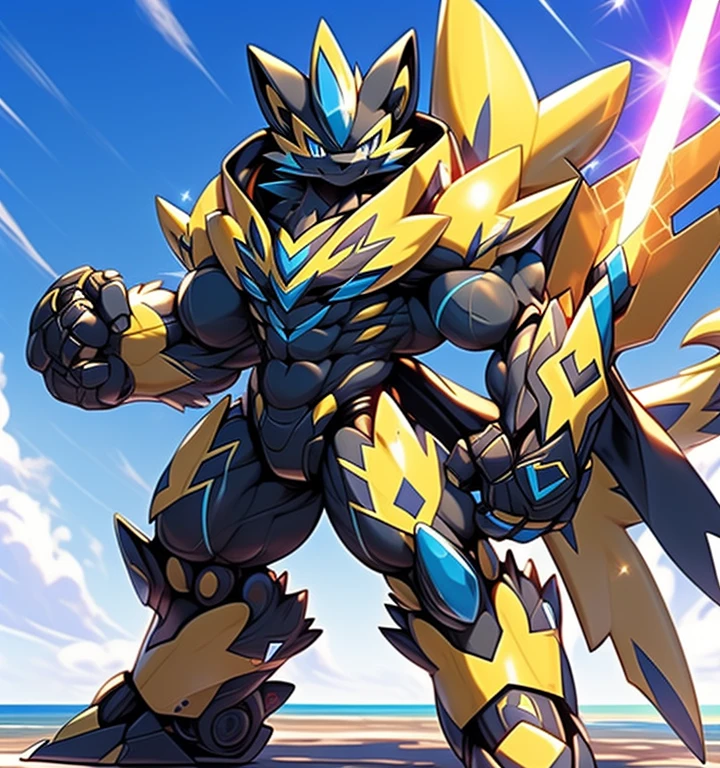 Zeraora's giant robot.
(masterpiece, best quality, detailed:1.2)
(Pokémon)
Powered exoskeleton with the same design as Zeraora
big muscle,
GIANT,
pecs, triceps, traps, waist narrow.
with huge golden laser sword,
body full of huge muscles.
also have a black cloak on my back.
The black cloak is so long that it touches the ground,
showing off muscles,
mechs,
Correct limbs,
detailed full body,
Very muscular,
Large pecs,
Heavyweight,
big bump,
sparkling skin,
Vibrant colors, 4K,
Furry Heroes,
Main is yellow COLOR