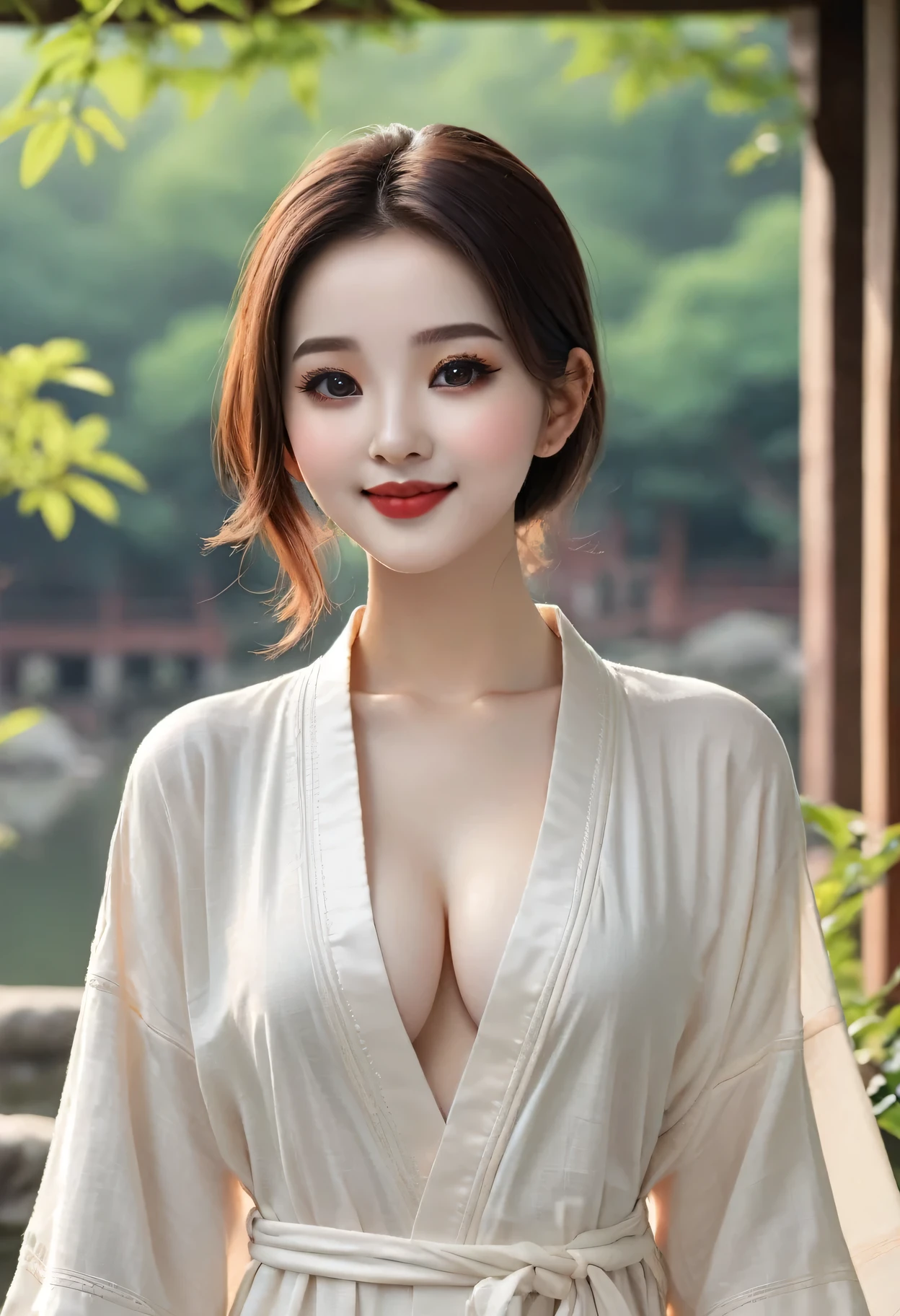 (masterpiece),(Best quality),(Ultra-high resolution),(Smooth and flawless fair skin:1.5),(Pale skin:1.3),Extremely delicate facial details,(Sexy:1.5),Super detailed,A beautiful girl,(nepal:1.3),(Small head:1.2),(bald:1.5),(No hair:1.3),(Small face:1.2),Exquisite makeup,(Big Breasts:1.5),(Towering Box:1.5),((Slim,Thin)),Happy,(Smile:1.2),(Gorgeous gauze robe:1.5),(likewise:1.2),(Day scene:1.5),(outdoor:1.2),(In a traditional Chinese garden:1.5),(Bright sunshine:1.2),(Detailed background:1.5),(permanent:1.3),(From the front:1.3),(summer:1.2)