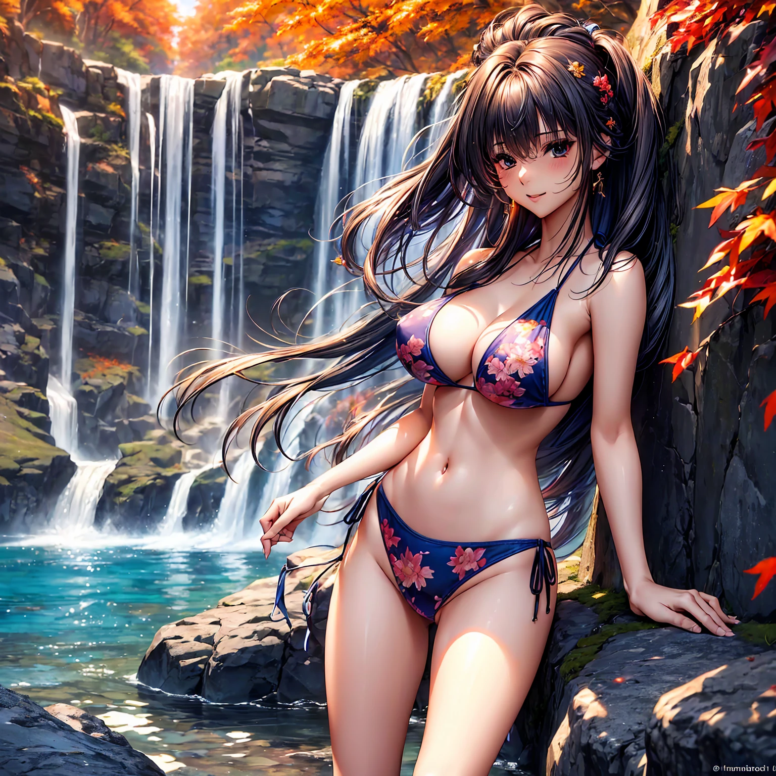 (((highest quality、masterpiece、Very high resolution、Highly detailed images)))、Beauty Painting,A woman of perfect and ultimate beauty:18-year-old, Beautiful body,Beautiful breasts:F Cup、Beautiful Face:smile、Various Hair Styles、Best skin and hair texture、((Bikini Swimwear:かわいい紐Bikini Swimwear:Floral)),Mystical Waterfront:Beautiful waterfall and autumn leaves,Night Sky:Starry Sky,Natural light,Beautiful views,Beautiful colors,Model shoot:Beautiful pose,Hair blowing in the wind,Overall image、Accurate Images、Accurate anatomy、Flawless images,Perfect image,Overall image,(Best Shot,RAW Photos:1.2)