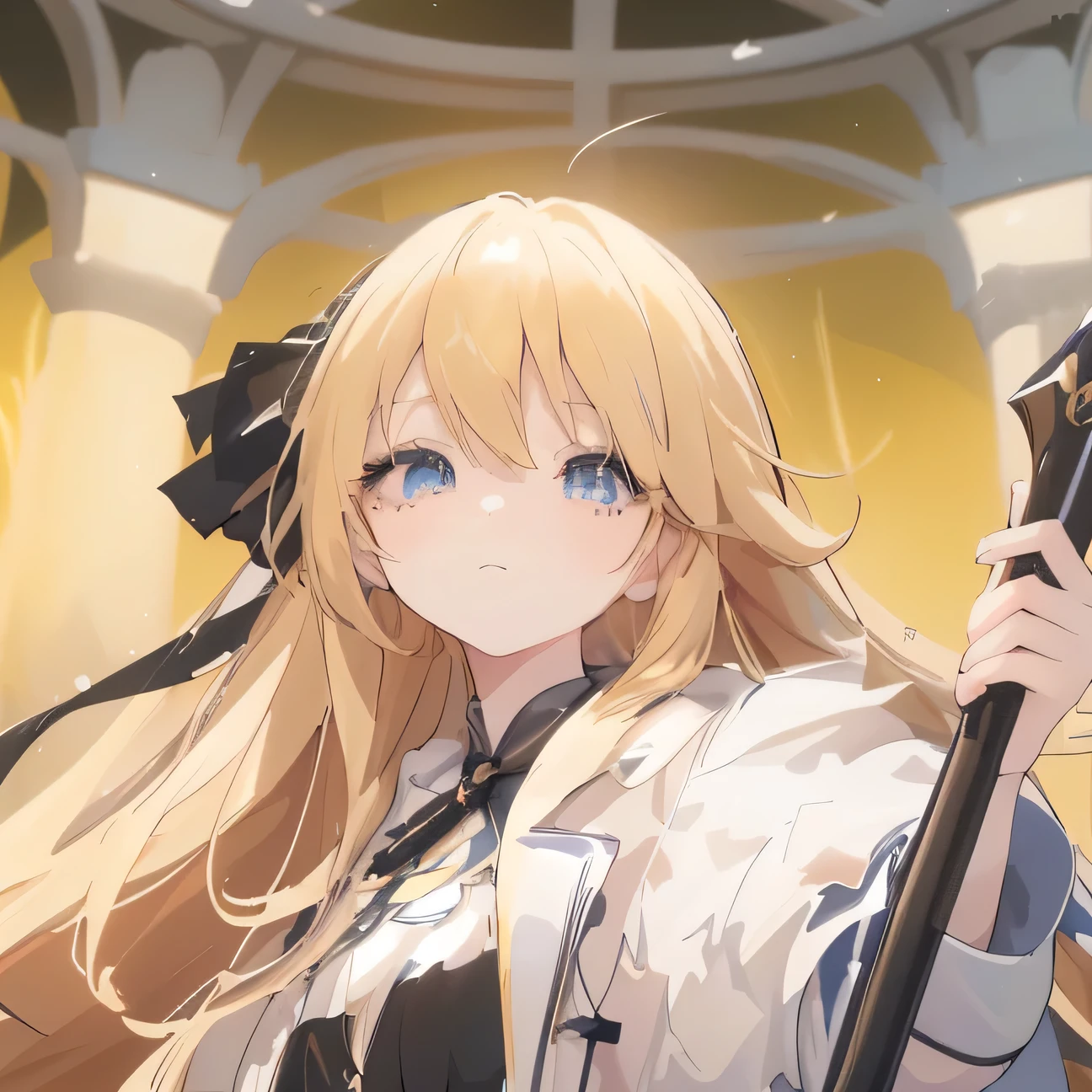 With long yellow hair、blue eyes，Wearing a beautiful black dress，small white jacket, anime art wallpaper 8 k, Anime Wallpaper, Anime style 4k, Anime Art Wallpaper 4K, anime art wallpaper 4k, Beautiful anime style, Beautiful anime girl, long hair anime girl, Cute anime girl, Anime Wallpaper4k