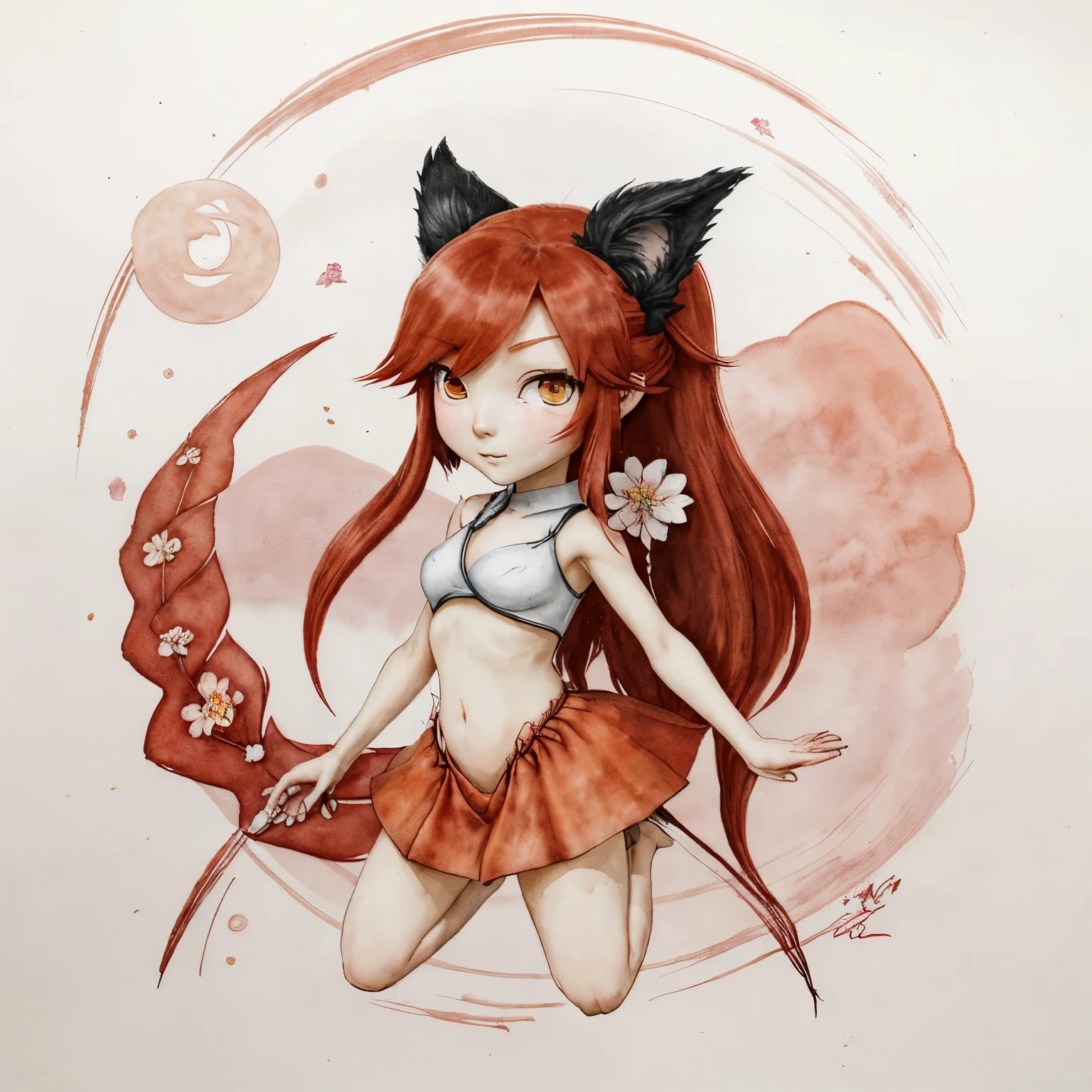 🦊ㅤㅤㅤ

 cute red-haired chibi Kitsune, on the background of a red crescent moon,
in Miyazaki style, half-side view, crescent moon entwined with flowers,
thin blades of grass, dry flowers, anime, arabesques, white, scarlet, thin ink for drawing, watercolor pencils, autumn wind, clear drawing, fantasy art,