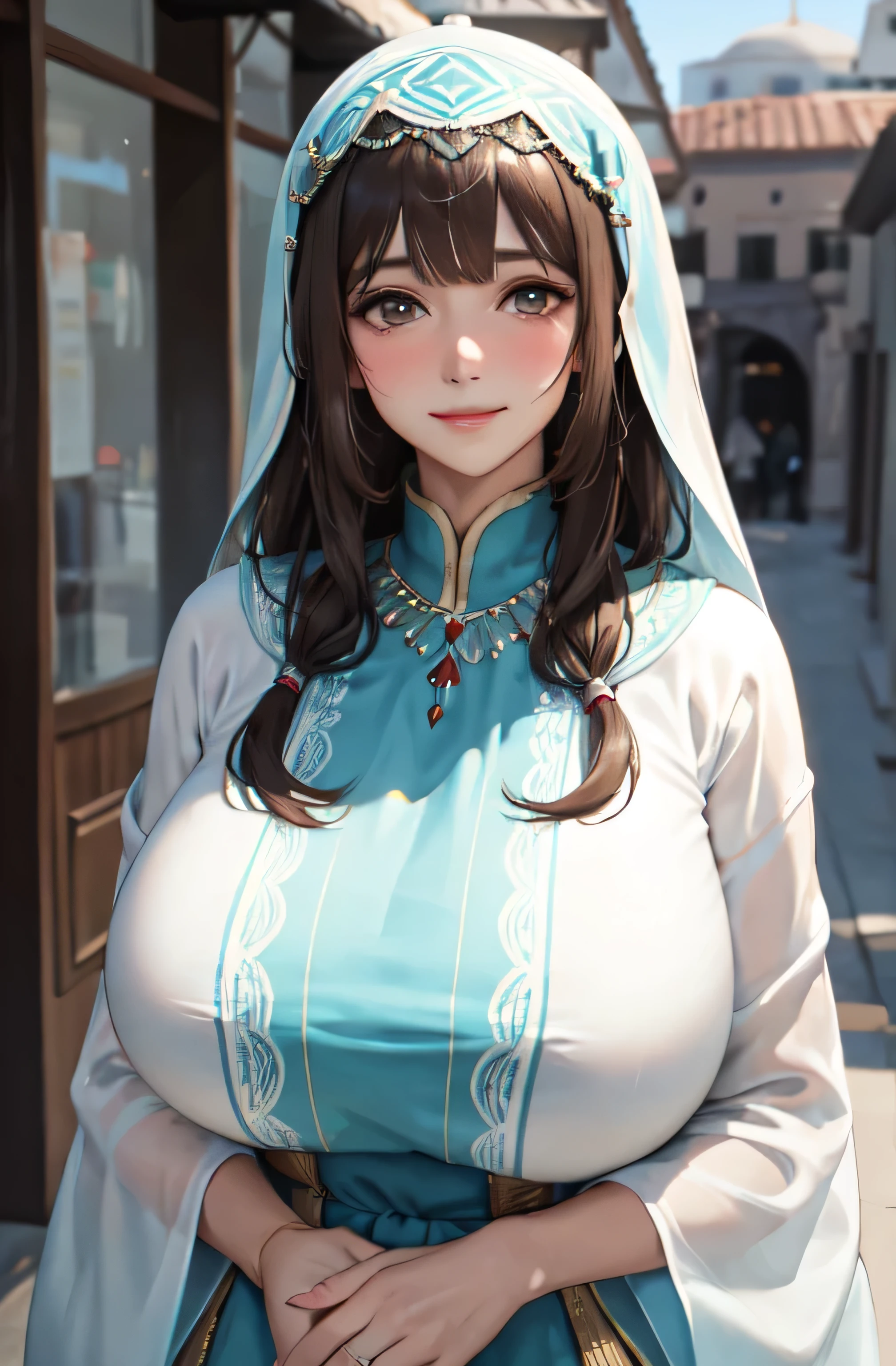 1 Woman Standing, Mature Woman, /(Moroccan caftan/), /(Brown Hair/) bangs, A gentle blushing smile, (Masterpiece of the highest quality:1.2) Delicate illustrations, super detailed, Large Breasts, Lower your arms BREAK /(Turkish street/), Detailed Background
