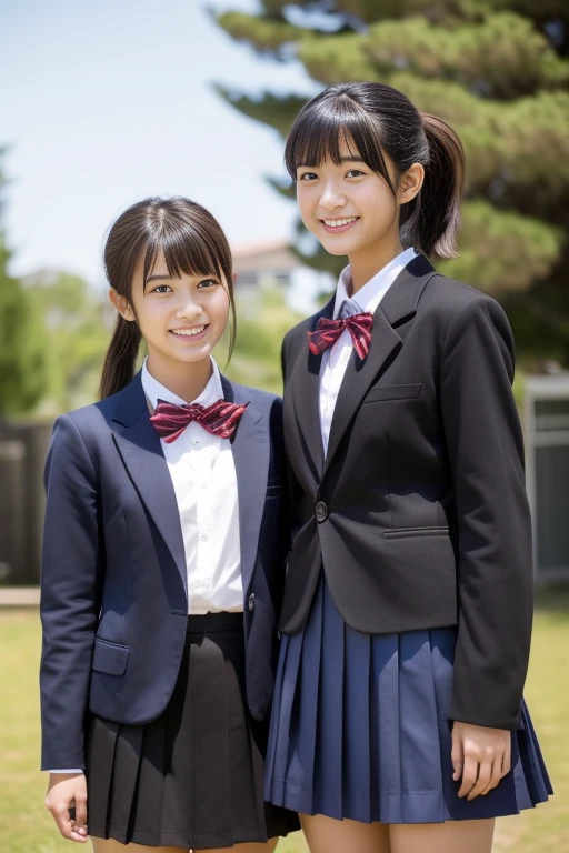 Japanese High School Student,Two girls standing in an old Japanese schoolyard,Shirt with bow tie,Black Blazer Clothing,Black Skirt,Indigo Hakamashita,loafers,A small dark red bow in her hair,18-year-old,bangs,Smile a little,Low Ponytail,From below